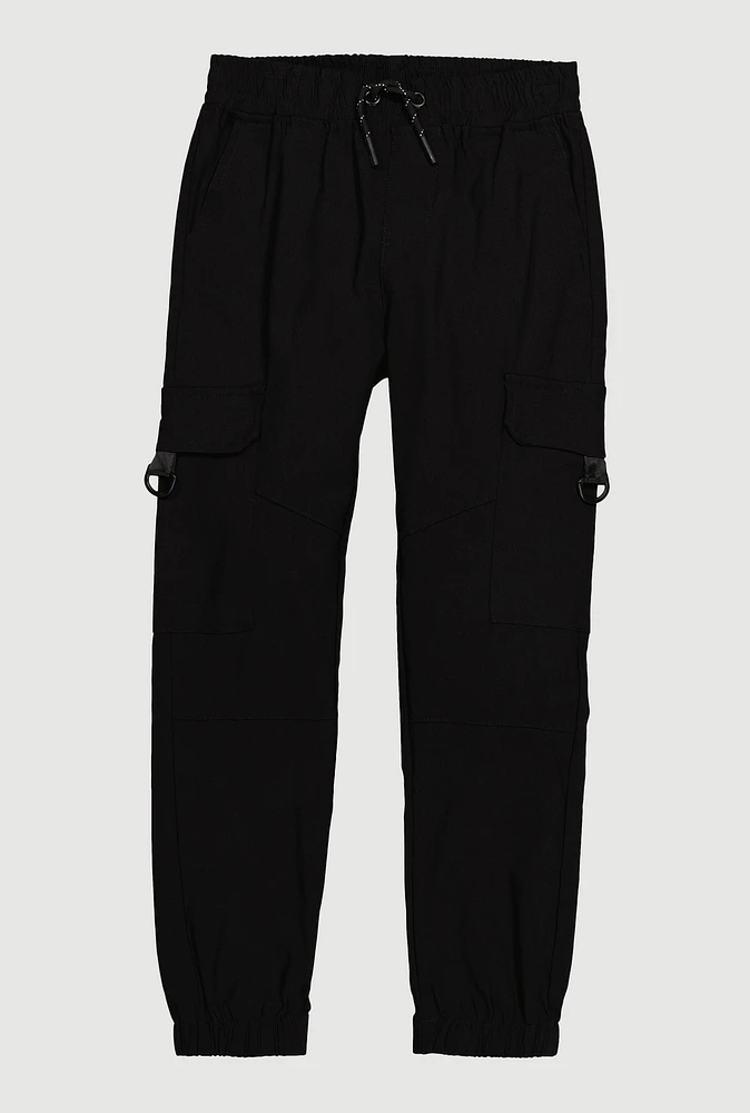 Boys Cargo Pocket Drawstring Joggers, Black, Size 18
