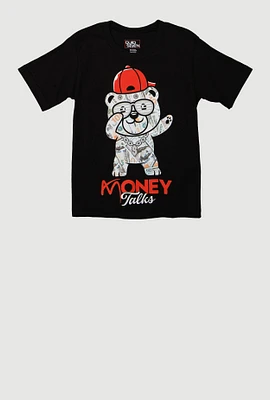 Little Boys Money Talks Bear Graphic Tee, Black,