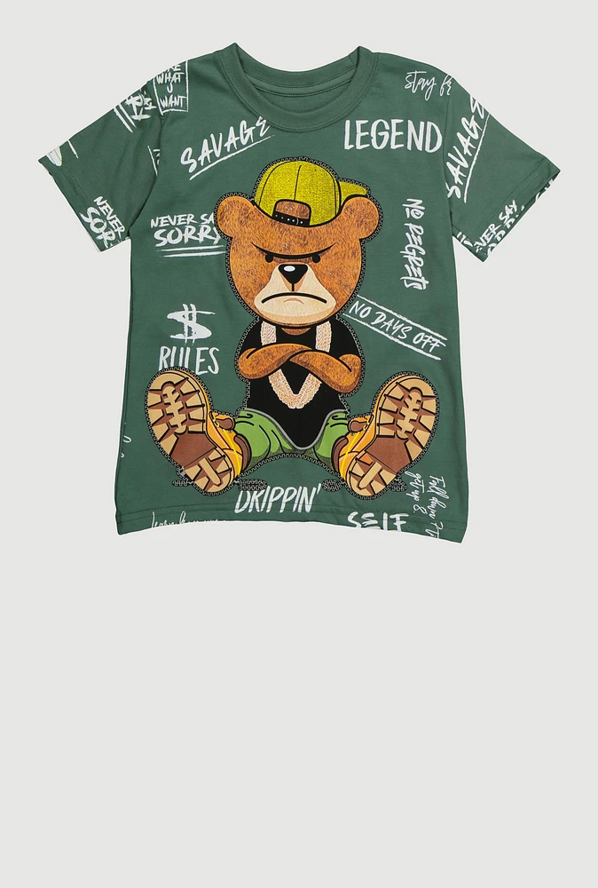 Little Boys Savage Teddy Graphic Crew Neck T Shirt, Green, Size 5-6