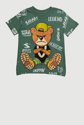 Little Boys Savage Teddy Graphic Crew Neck T Shirt, Green, Size 5-6