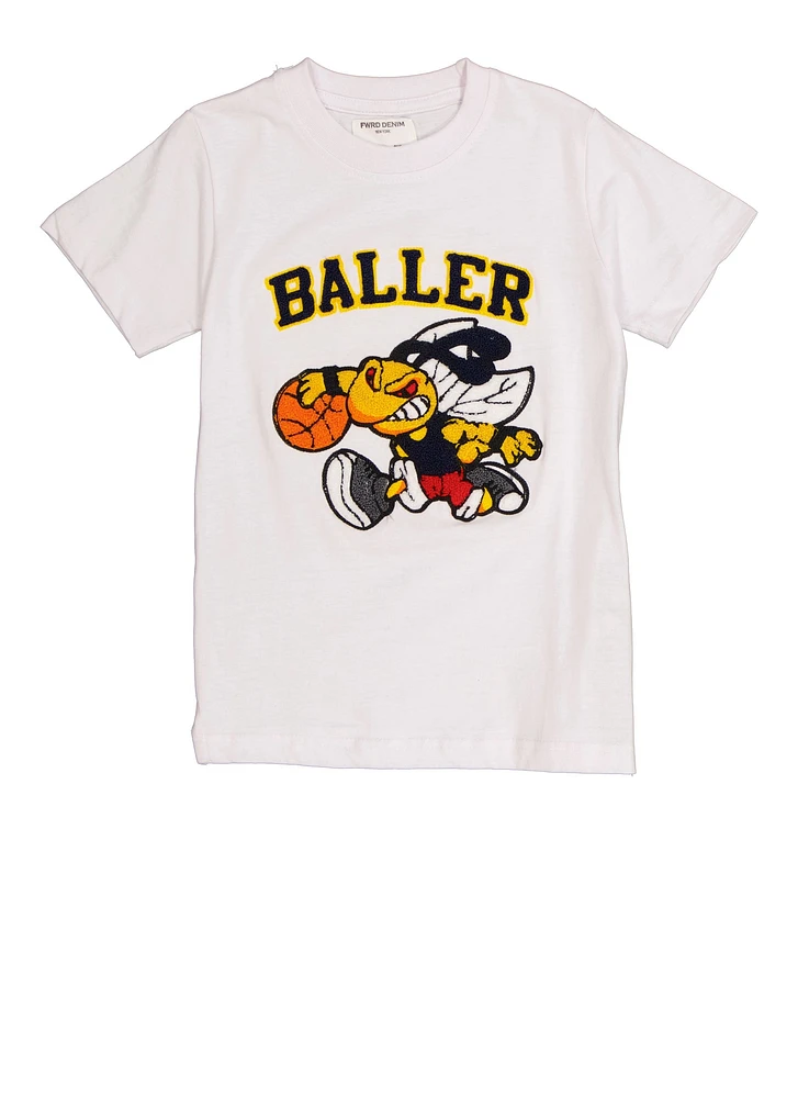 Little Boys Chenille Patch Baller Graphic Top, White, Size 5