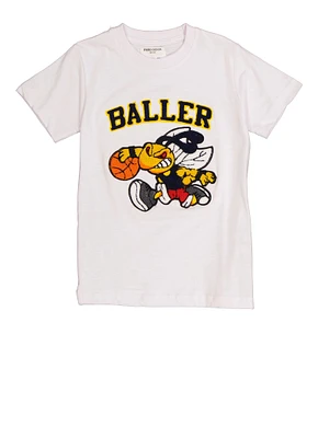 Little Boys Chenille Patch Baller Graphic Top, White, Size 5