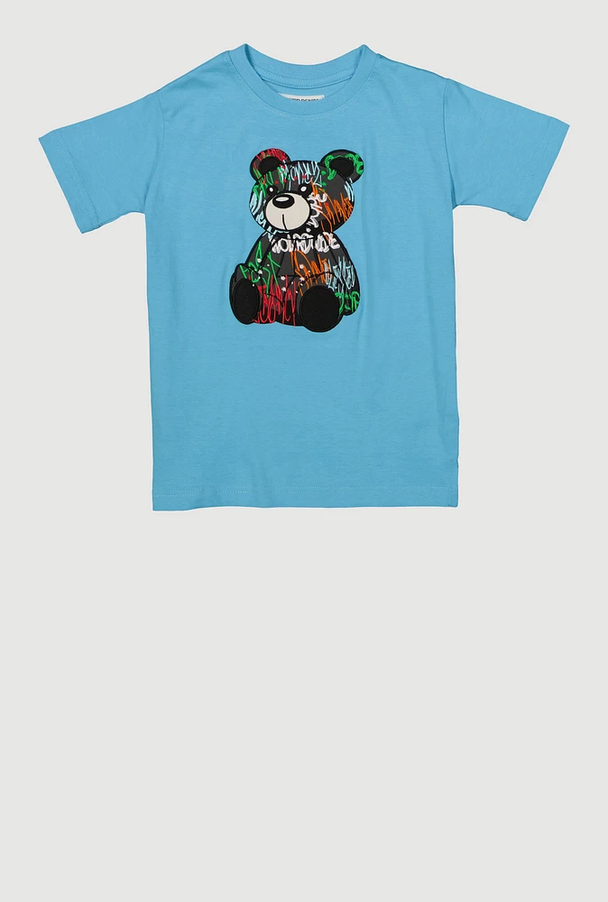 Little Boys Graffiti Bear Patch Graphic Tee, Blue, Size 6