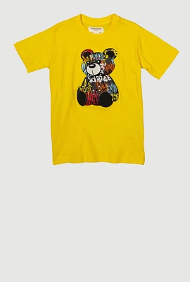 Little Boys Embroidered Graffiti Bear Tee, Yellow, Size 5