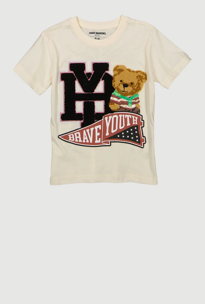 Little Boys Chenille Bear Graphic Tee, Beige, Size 4