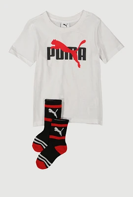 Little Boys Puma Logo Tee with Socks, White, Size 5