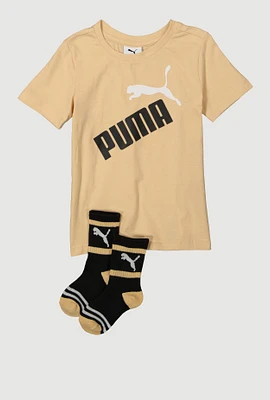 Little Boys Puma Graphic Print Tee and Striped Socks, Beige, Size 7
