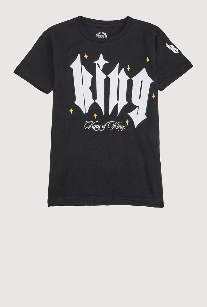 Boys King Embroidered Graphic Tee, Black,