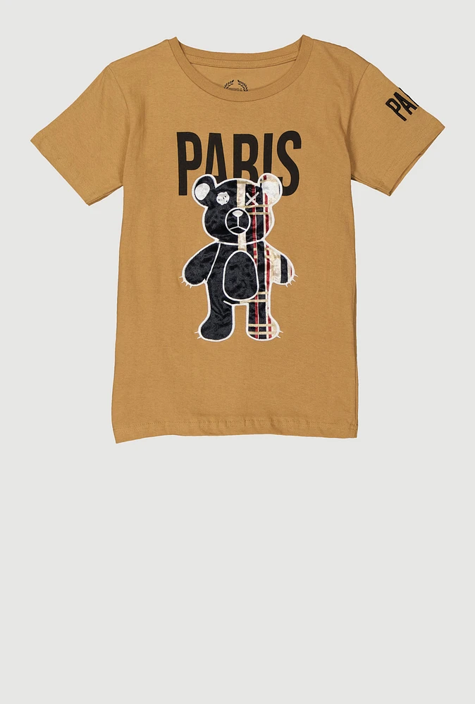 Boys Embroidered Paris Bear Graphic Tee, Brown, Size 8