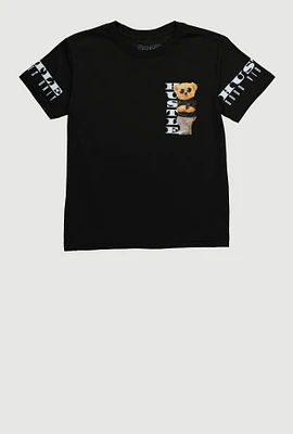 Boys Hustle Teddy Graphic Crew Neck T Shirt, Black, Size XL