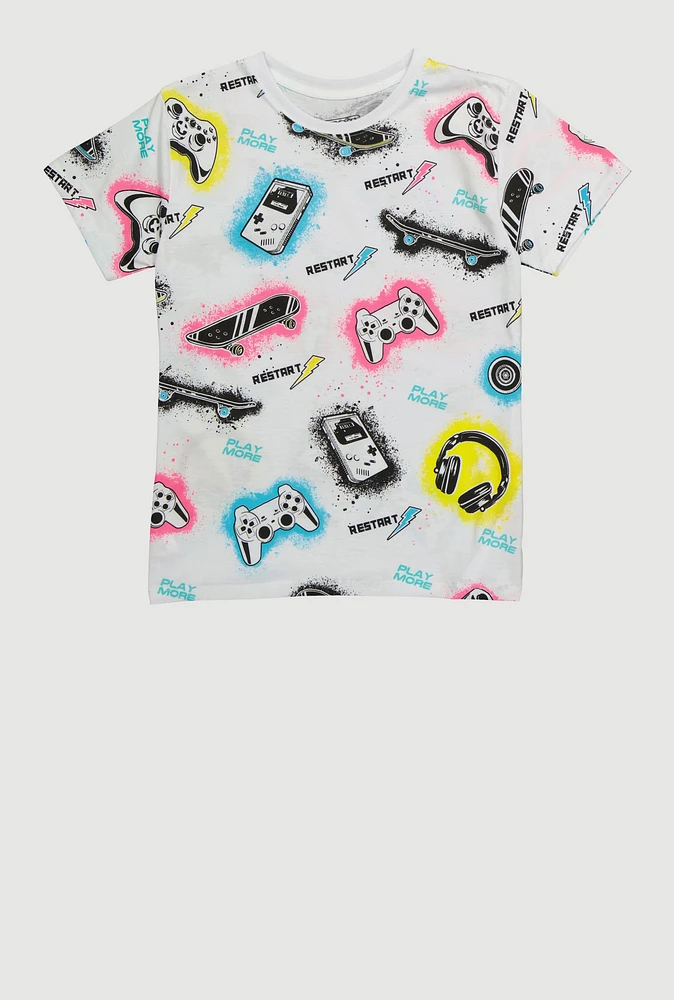 Boys Video Game Patterned T Shirt, Multi, Size L