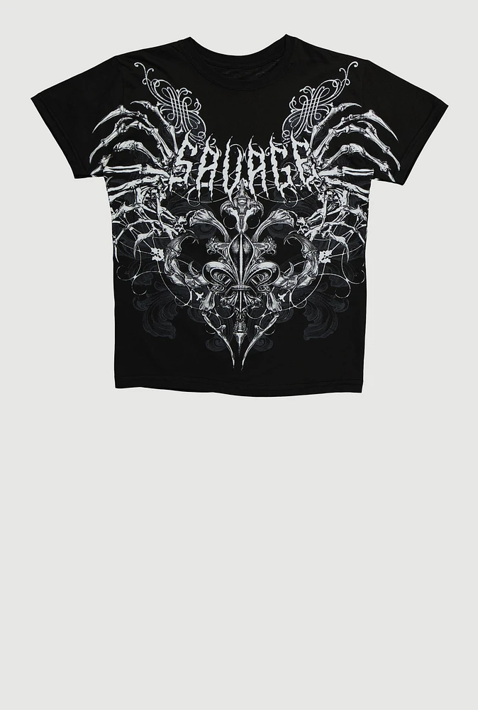 Boys Savage Graphic Crew Neck Tee, Black, Size XL