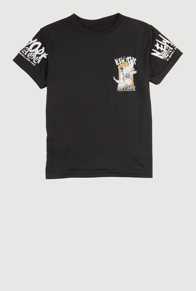 Boys New York Savage Graphic Crew Neck Tee, Black, Size L