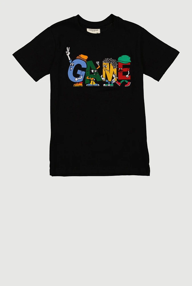 Boys Game Embroidered Crew Neck Graphic Tee, Black,
