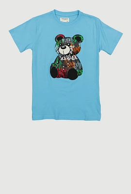 Boys Embroidered Graffiti Bear Tee, Blue, Size 14-16