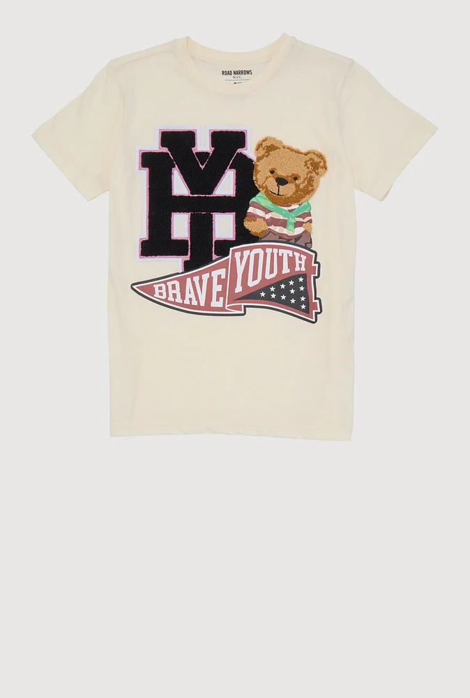 Boys Chenille Bear Graphic Tee, Beige, Size 14-16