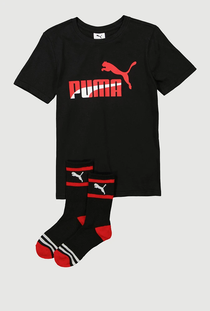 Boys Puma Logo Graphic Tee with Socks, Black, Size XL
