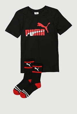 Boys Puma Logo Graphic Tee with Socks, Black, Size XL