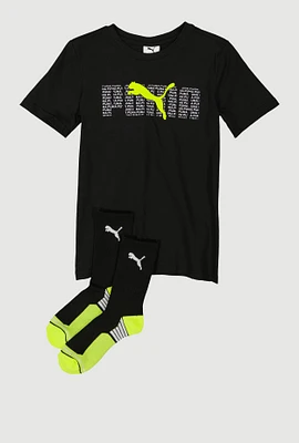 Boys Puma Crew Neck T Shirt and Socks, Black, Size 14-16
