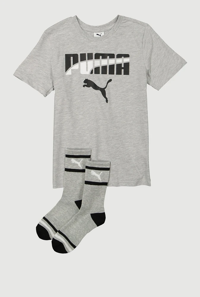 Boys Puma Marled Graphic Tee with Socks, Grey, Size 14-16