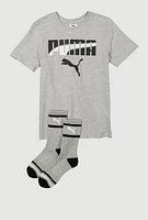 Boys Puma Marled Graphic Tee with Socks, Grey, Size 14-16