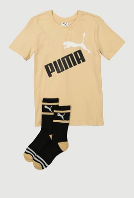 Boys Puma Logo Graphic Print Tee with Socks, Beige, Size L