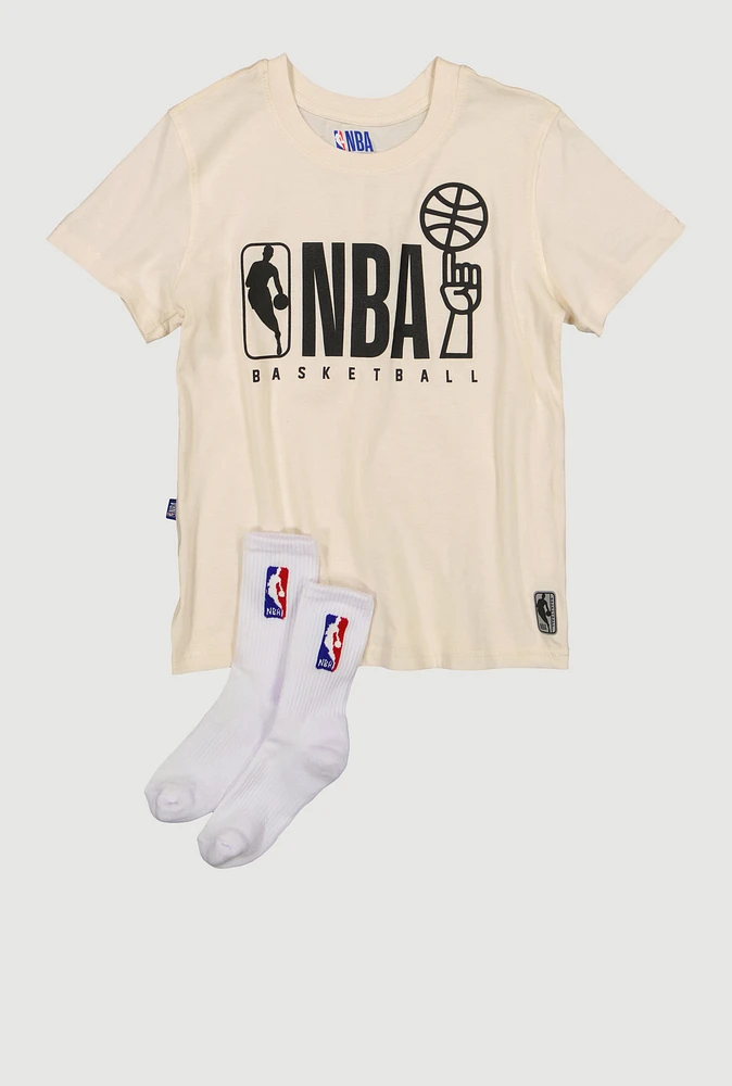 Boys NBA Basketball Graphic Tee and Socks, Beige, Size 14-16