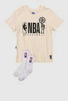 Boys NBA Basketball Graphic Tee and Socks, Beige, Size 14-16