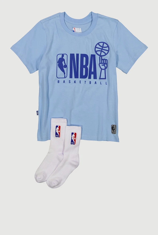 Boys NBA Spinning Basketball Graphic Tee and Socks, Blue, Size 14-16