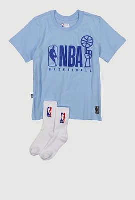 Boys NBA Spinning Basketball Graphic Tee and Socks, Blue, Size 14-16