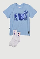 Boys NBA Spinning Basketball Graphic Tee and Socks, Blue, Size 14-16