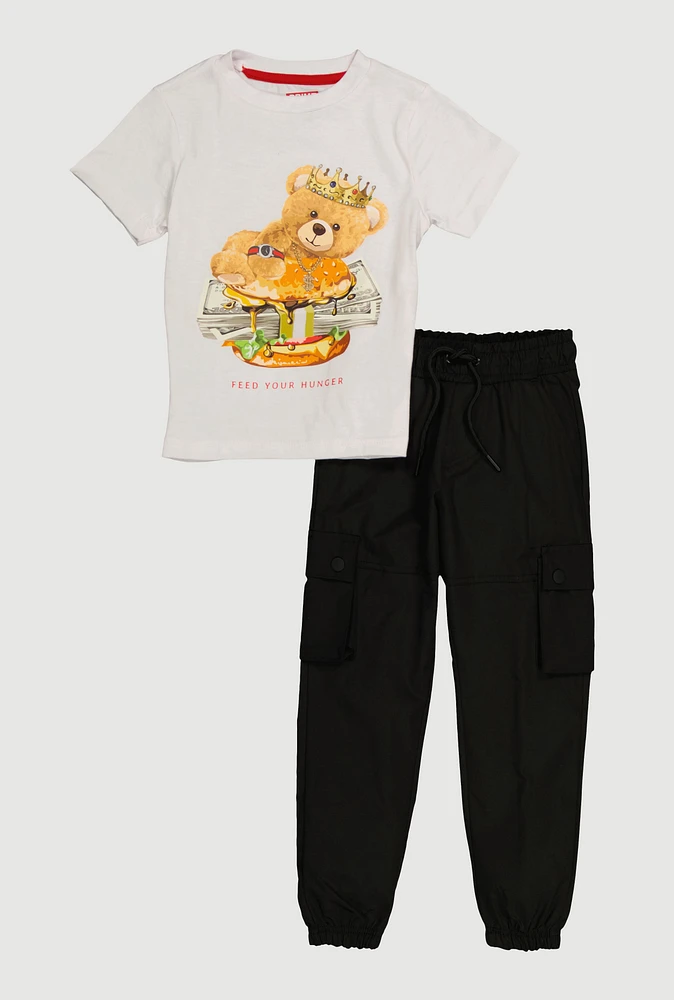 Little Boys Feed Your Hunger Bear Tee and Cargo Joggers, White,
