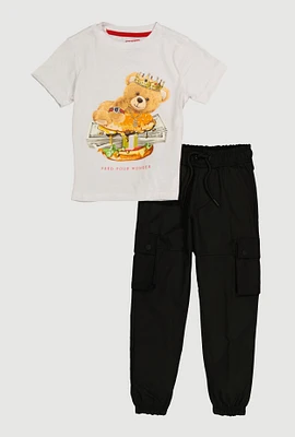 Little Boys Feed Your Hunger Bear Tee and Cargo Joggers, White,