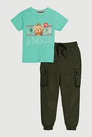 Little Boys Legend Bear Tee and Cargo Joggers, Green, Size 4