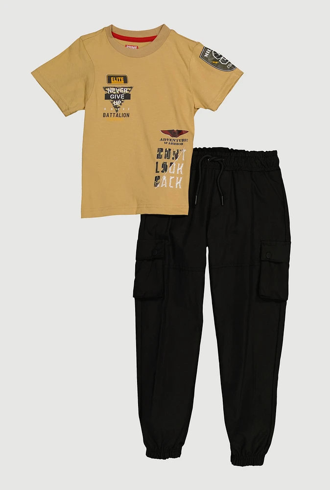 Little Boys Never Give Up Graphic Tee and Joggers, Brown, Size 5