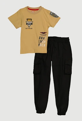 Little Boys Never Give Up Graphic Tee and Joggers, Brown, Size 5