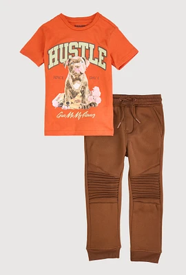 Little Boys Hustle Graphic Tee and Joggers, Orange, Size 5