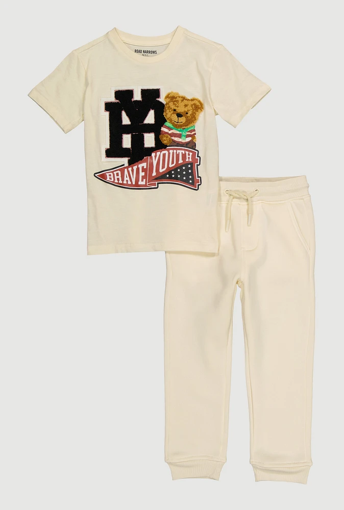 Little Boys Brave Youth Chenille Graphic Tee and Joggers, Beige,