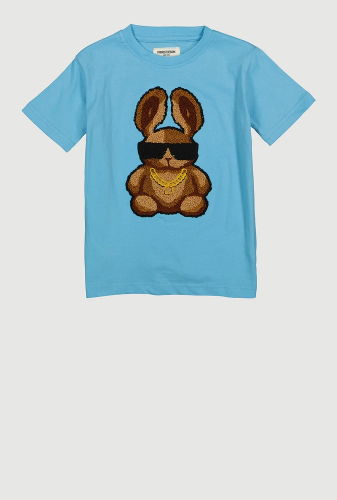Little Boys Bunny Chenille Patch Tee, Blue, Size 5