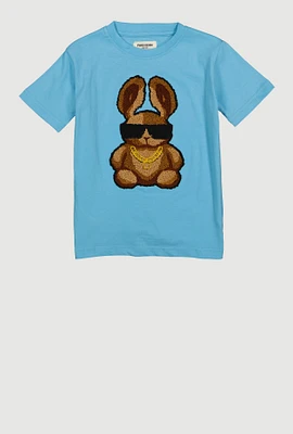Little Boys Bunny Chenille Patch Tee, Blue, Size 5
