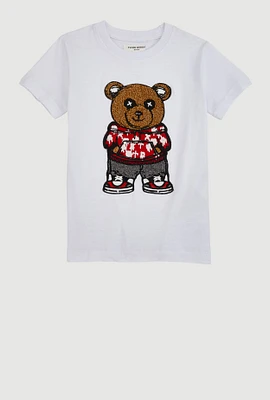 Little Boys Chenille Bear Graphic Top, White, Size 6