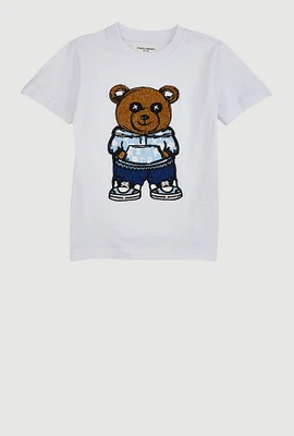 Little Boys Chenille Bear Graphic T Shirt, White,
