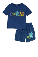 Little Boys Monsters Inc Embroidered Graphic Tee and Shorts, Blue, Size 6-7