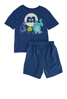 Little Boys Monsters Inc Embroidered Graphic Tee and Shorts, Blue, Size 4-5