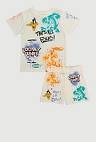 Little Boys Looney Tunes Graffiti Print Graphic T Shirt and Sweatshorts, Beige, Size 6-7
