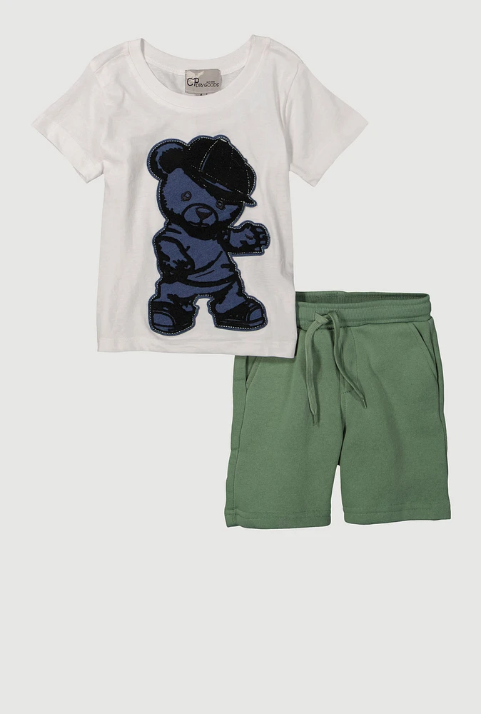 Little Boys Chenille Denim Patch Teddy Tee and Sweatshorts, Multi, Size 4