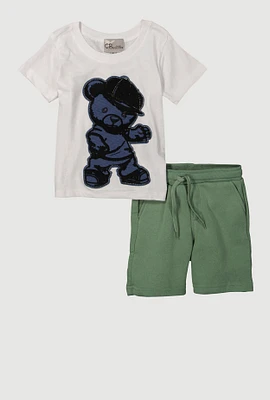 Little Boys Chenille Denim Patch Teddy Tee and Sweatshorts, Multi, Size 4