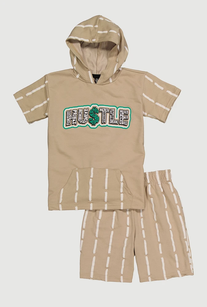 Little Boys Hustle Short Sleeve Hooded Top and Shorts, Beige, Size 4