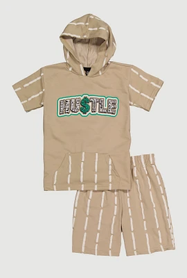 Little Boys Hustle Short Sleeve Hooded Top and Shorts, Beige, Size 4
