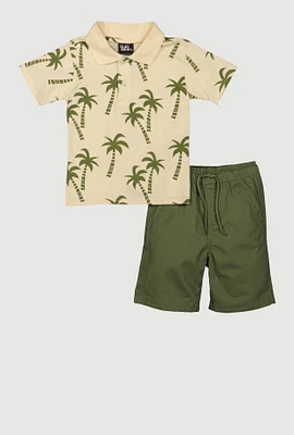 Little Boys Palm Tree Print Polo Shirt and Shorts, Green, Size 4